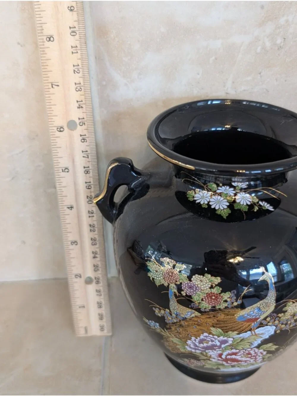 Vintage Japanese Porcelain Vase Peacock & Floral Design Gold Gilt MCM 6